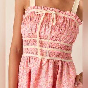 New Entro Pink Jacquard Embroidered Floral Midi Sundress with Cream Straps